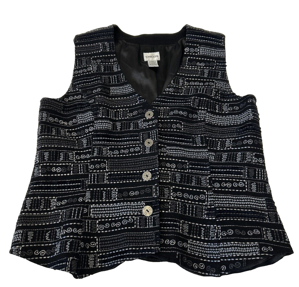 Chico’s Women’s Denim Vest Sz 1/S Black Silver Metallic Embroidery Button Front